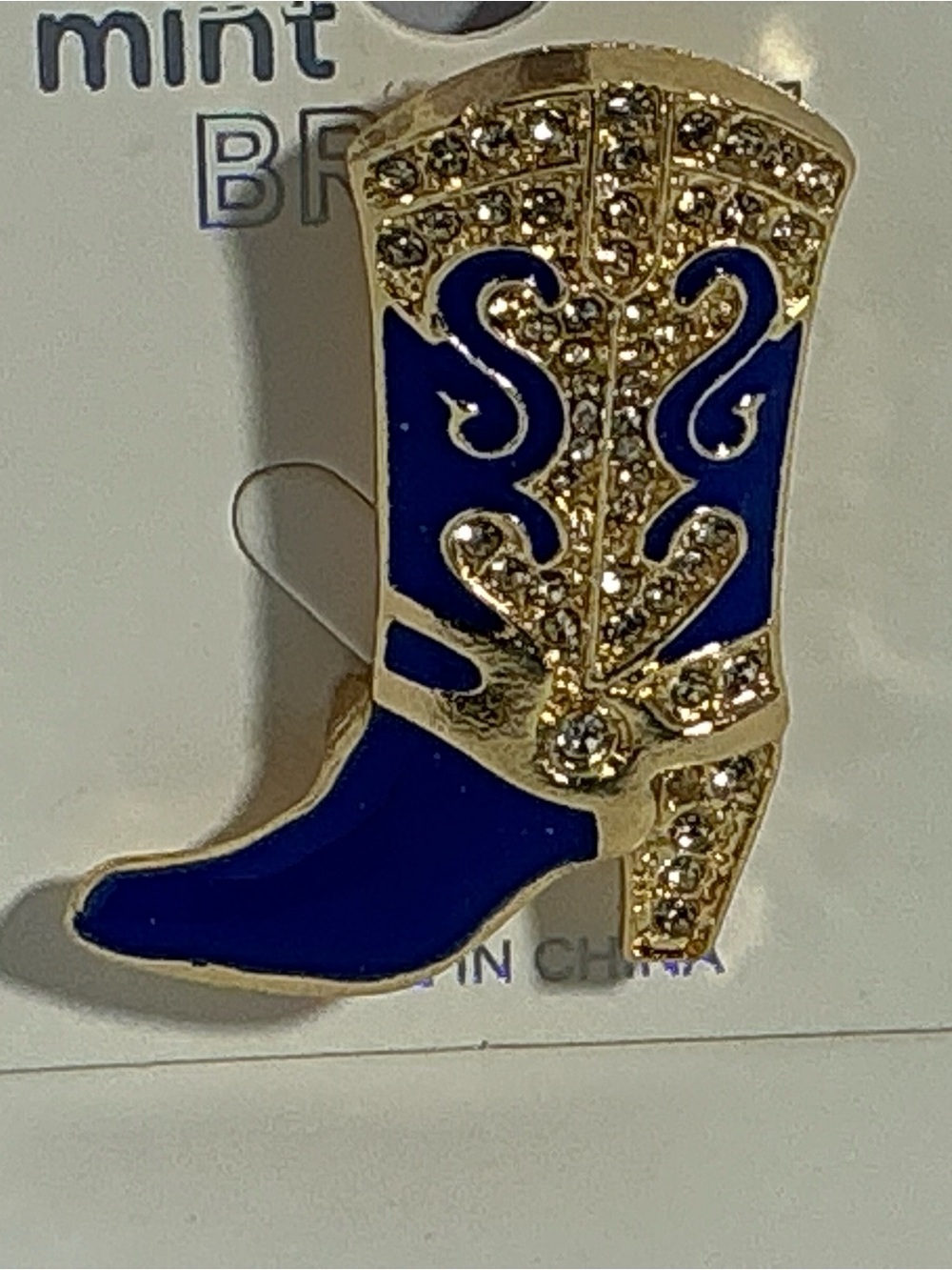 Blue Enamel Cowboy Boot Brooch with Gold Rhinestone Accents
